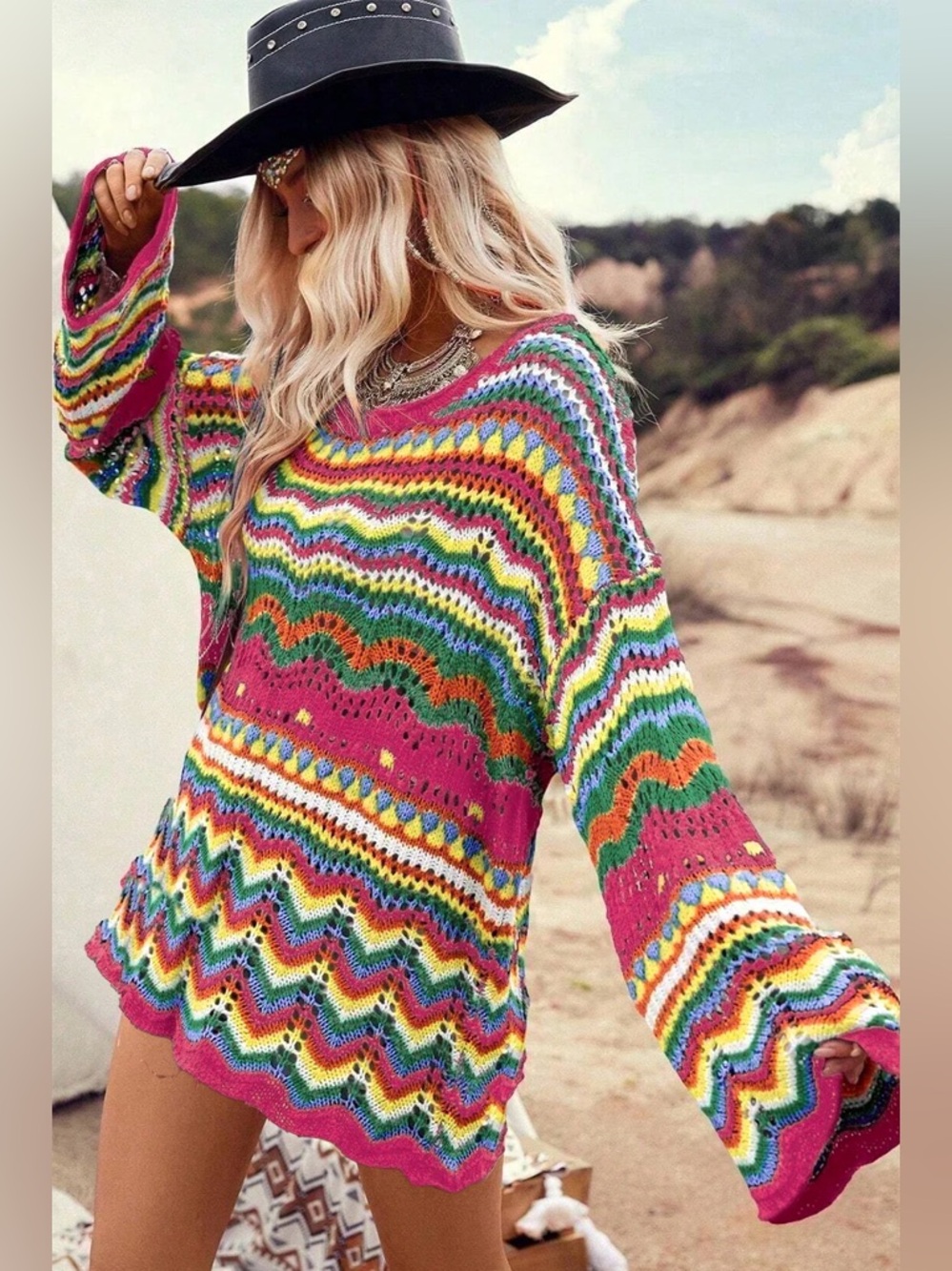 MODEL IS WEARING XL Boho Multicolor Crochet Knit Sweater Oversized Pullover